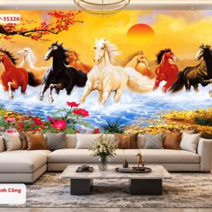Tranh mã đáo thành công dán tường phòng khách bát mã phi thủy vàng kim 35326