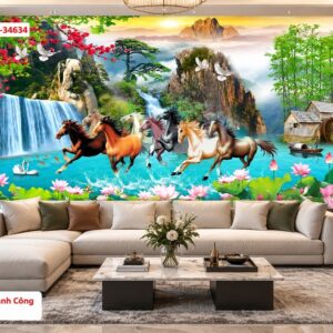 Tranh mã đáo thành công dán tường phòng khách bát mã sơn thủy thác nước 34634