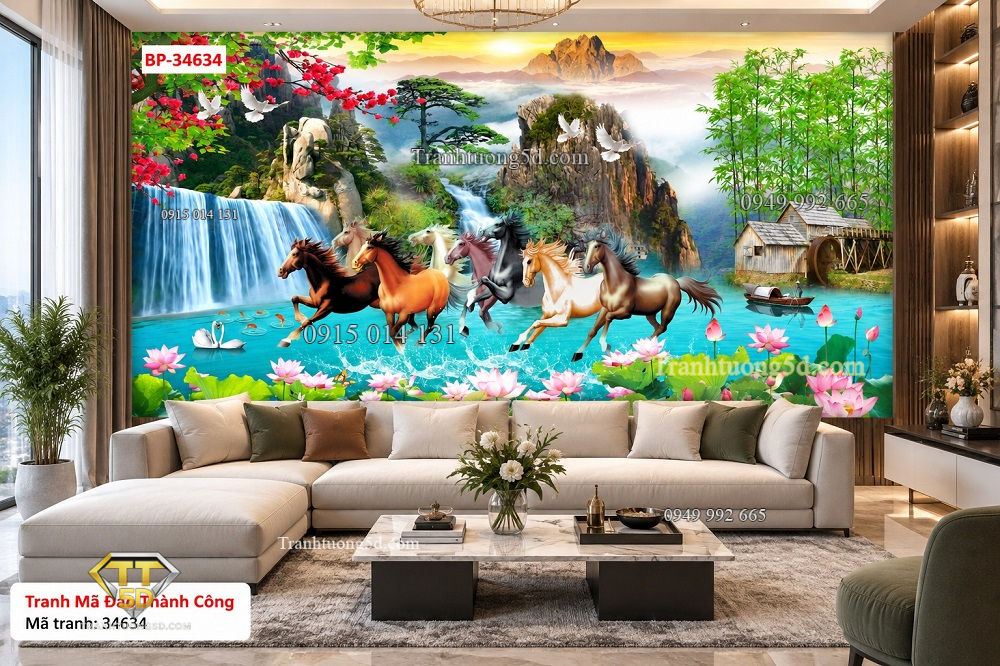 Tranh mã đáo thành công dán tường phòng khách bát mã sơn thủy thác nước 34634