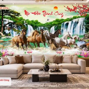 Tranh mã đáo thành công dán tường phòng khách bát mã thác nước hoa sen 33536
