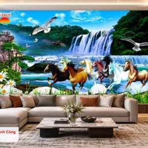 Tranh mã đáo thành công dán tường phòng khách bát mã thác nước sơn thủy 33525