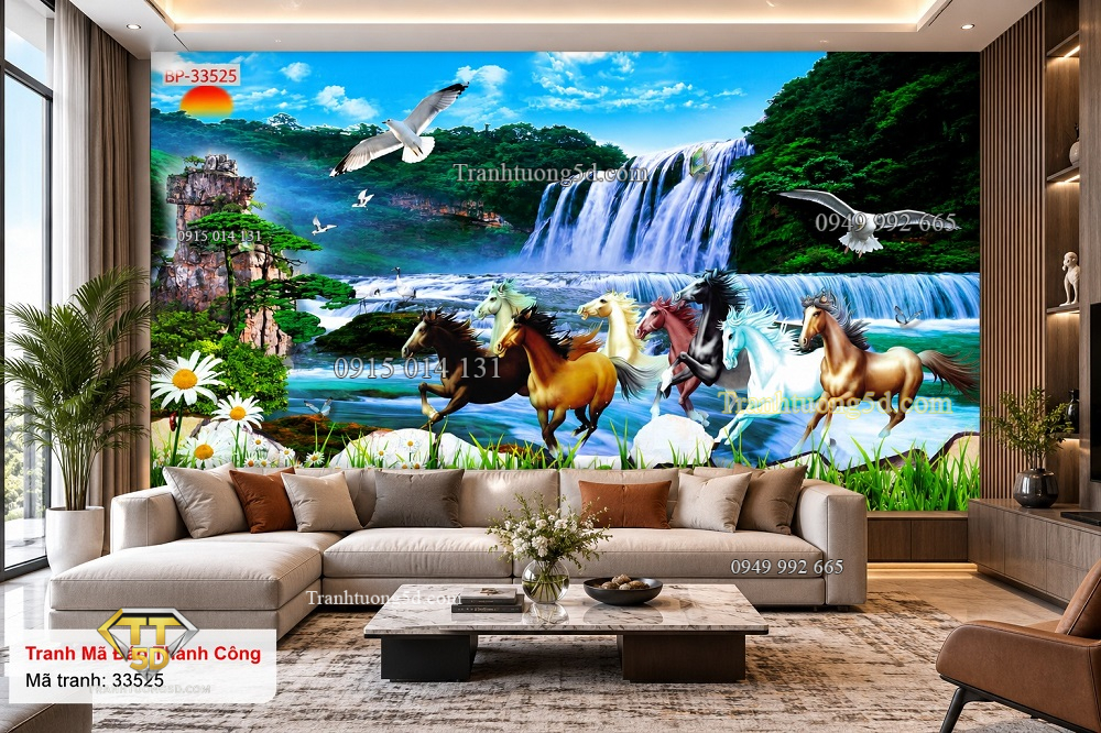Tranh mã đáo thành công dán tường phòng khách bát mã thác nước sơn thủy 33525