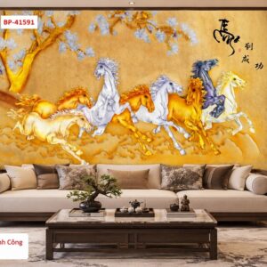 Tranh mã đáo thành công dán tường phòng khách bát mã vàng kim phong thủy 41591