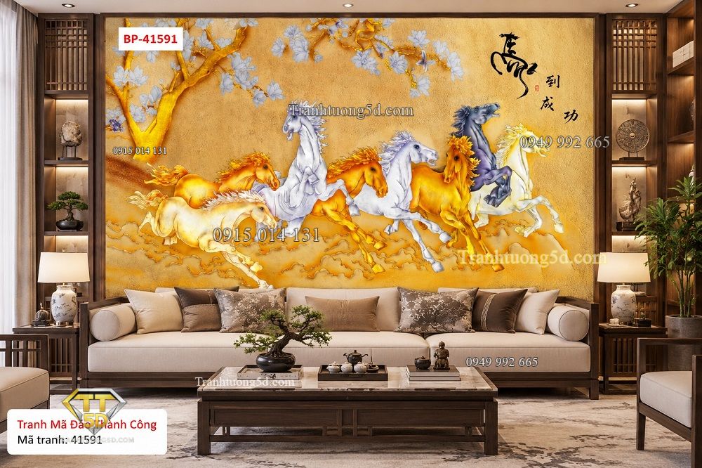 Tranh mã đáo thành công dán tường phòng khách bát mã vàng kim phong thủy 41591
