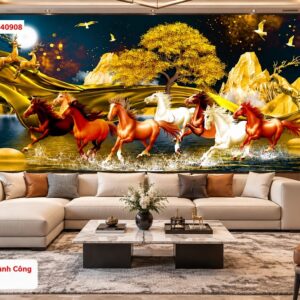 Tranh mã đáo thành công dán tường phòng khách bát mã vàng kim sơn thủy 40908