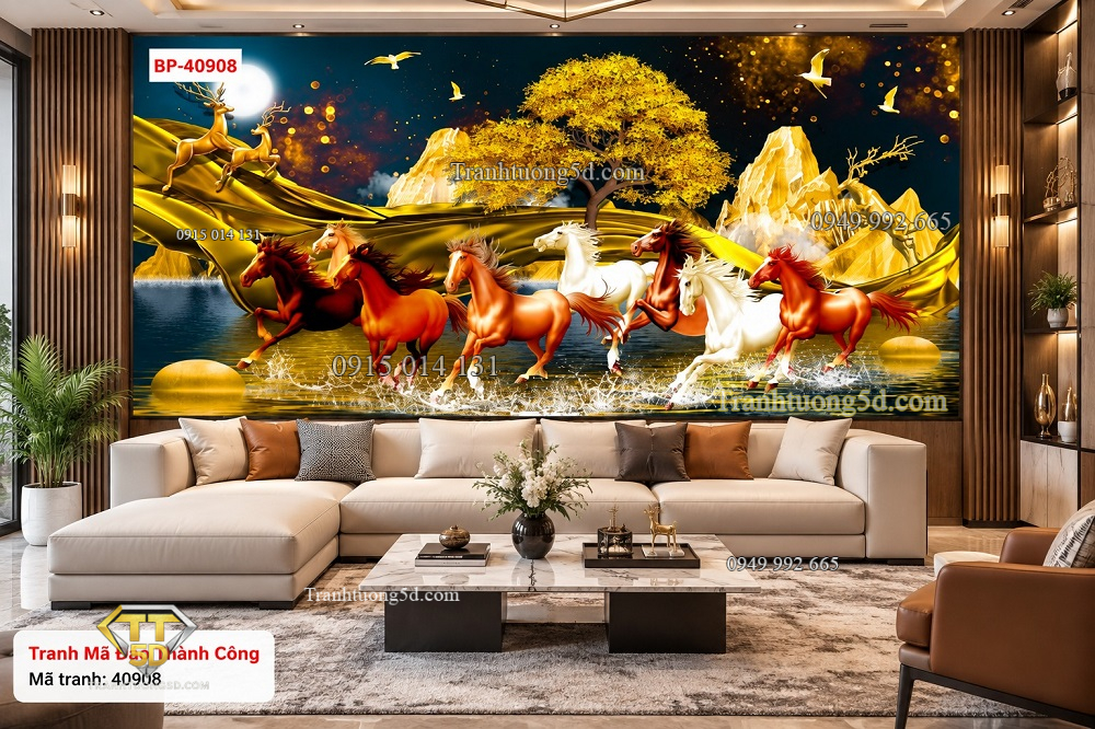 Tranh mã đáo thành công dán tường phòng khách bát mã vàng kim sơn thủy 40908