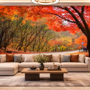 Tranh mùa thu dán tường phòng khách con đường rừng lá đỏ 00104