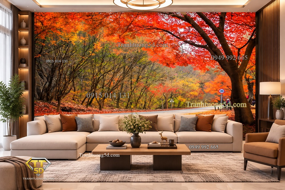 Tranh mùa thu dán tường phòng khách con đường rừng lá đỏ 00104