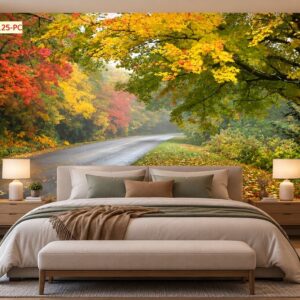 Tranh mùa thu dán tường phòng ngủ con đường rừng lá vàng lãng mạn 00125