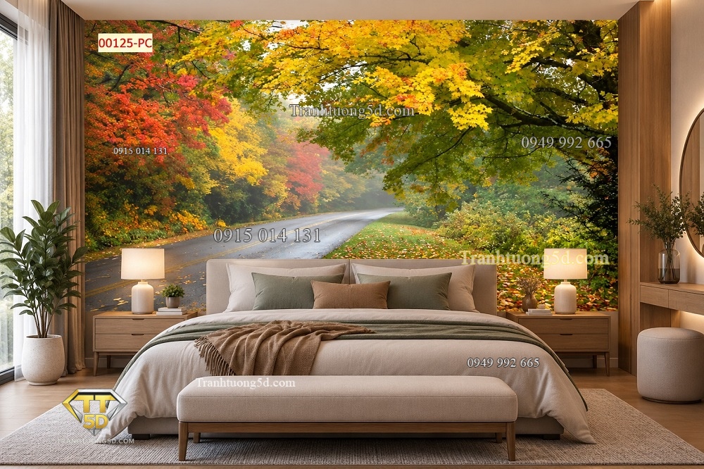 Tranh mùa thu dán tường phòng ngủ con đường rừng lá vàng lãng mạn 00125