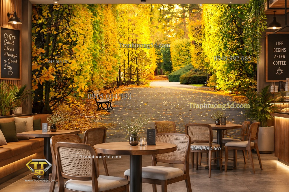 Tranh mùa thu dán tường quán cafe con đường lá vàng nắng thu 00138