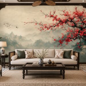 Tranh phong cách indochine dán tường phòng khách hoa đào đỏ sơn thủy ab722291308