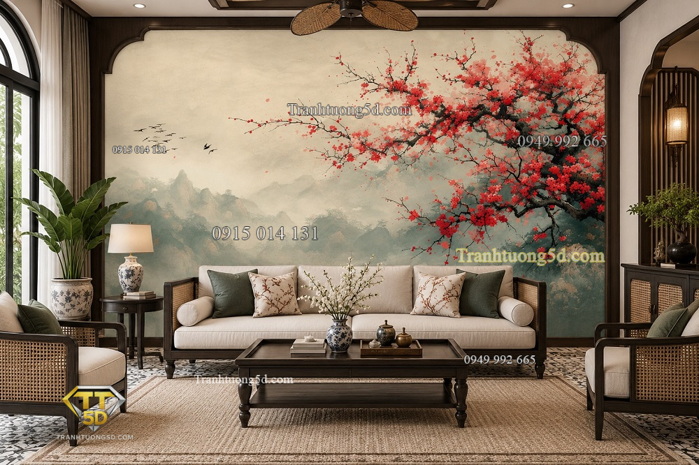 Tranh phong cách indochine dán tường phòng khách hoa đào đỏ sơn thủy ab722291308