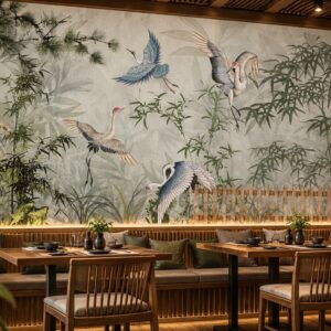 Tranh phong cách indochine dán tường quán ăn nhật hạc và tre ab2103188477