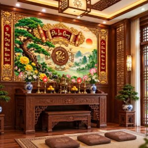 Tranh phúc đức lưu quang tùng sen dán tường phòng thờ pt239202611
