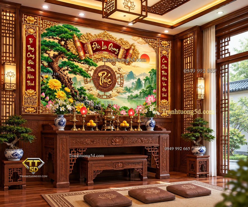 Tranh phúc đức lưu quang tùng sen dán tường phòng thờ pt239202611