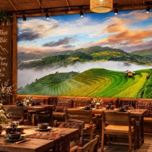 Tranh ruộng bậc thang dán tường nhà hàng tây bắc cảnh núi rừng mây trắng hùng vĩ ab368055209