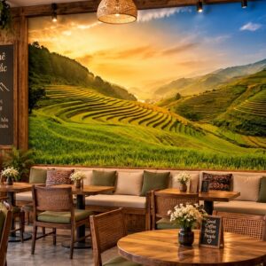Tranh ruộng bậc thang dán tường quán cafe tây bắc cảnh núi đồi bình minh vàng ấm ab122759941