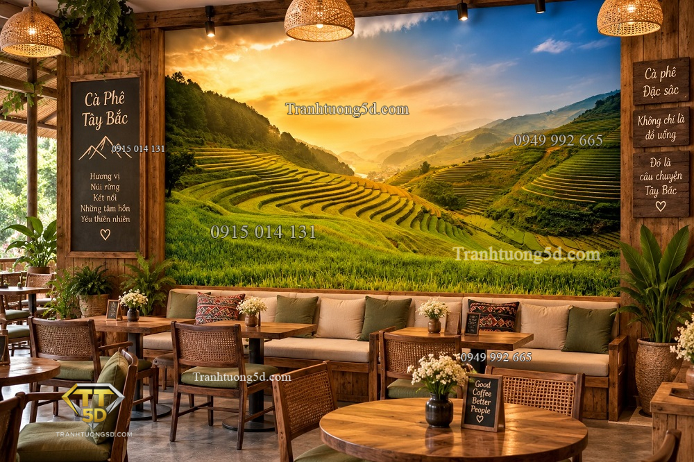 Tranh ruộng bậc thang dán tường quán cafe tây bắc cảnh núi đồi bình minh vàng ấm ab122759941