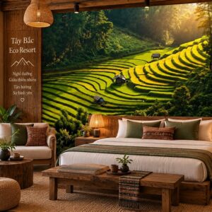 Tranh ruộng bậc thang dán tường resort tây bắc cảnh đồng lúa xanh ánh nắng thiên nhiên ab166159445