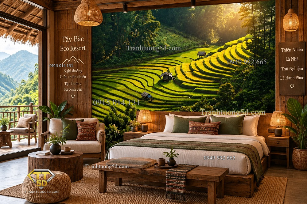 Tranh ruộng bậc thang dán tường resort tây bắc cảnh đồng lúa xanh ánh nắng thiên nhiên ab166159445
