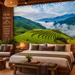Tranh ruộng bậc thang dán tường resort tây bắc cảnh núi rừng mây trắng hùng vĩ ab470399157