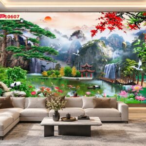 Tranh sơn thủy dán tường phòng khách chung cư – núi non thác nước hồ sen 10607