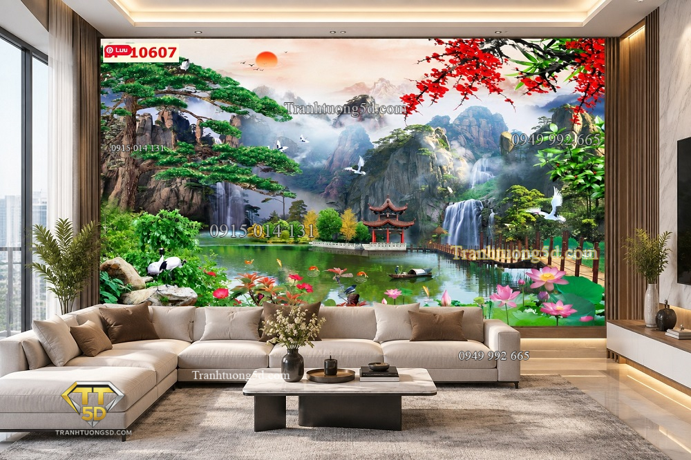 Tranh sơn thủy dán tường phòng khách chung cư – núi non thác nước hồ sen 10607