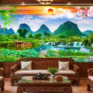 Tranh sơn thủy dán tường phòng khách quê – núi non hồ sen thác nước 30320