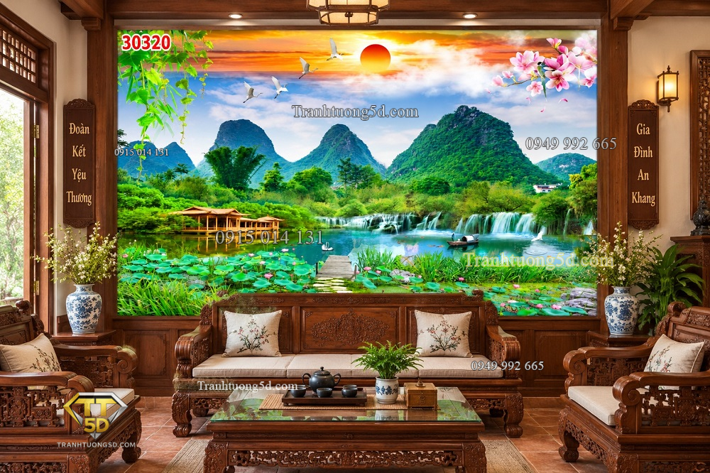 Tranh sơn thủy dán tường phòng khách quê – núi non hồ sen thác nước 30320