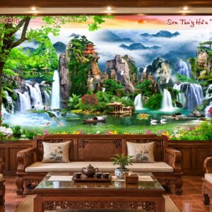Tranh sơn thủy dán tường phòng khách quê – núi non thác nước hồ sen 30316