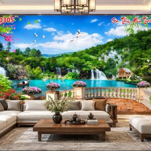 Tranh sơn thủy dán tường phòng khách – hồ nước thác nước núi rừng 30305