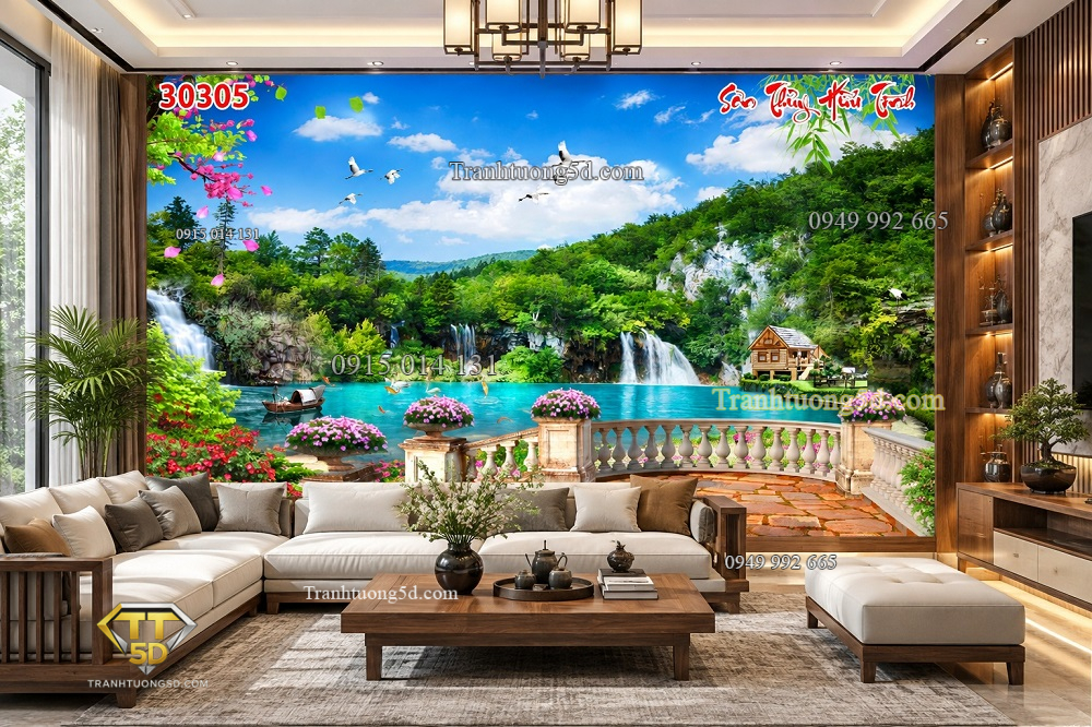 Tranh sơn thủy dán tường phòng khách – hồ nước thác nước núi rừng 30305