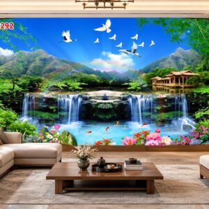 Tranh sơn thủy dán tường phòng khách – núi non thác nước hồ cá koi 30292