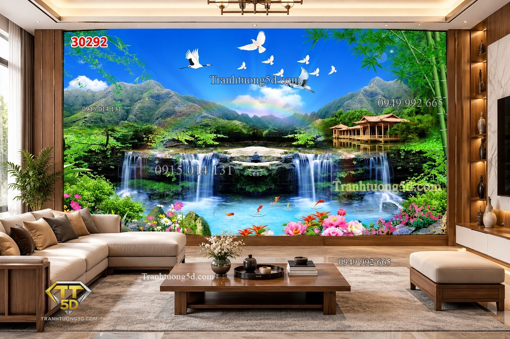 Tranh sơn thủy dán tường phòng khách – núi non thác nước hồ cá koi 30292