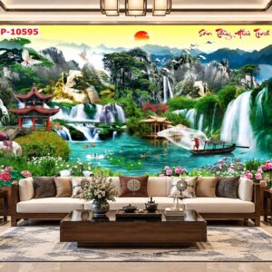 Tranh sơn thủy dán tường phòng khách – núi non thác nước hồ sen bp-10595