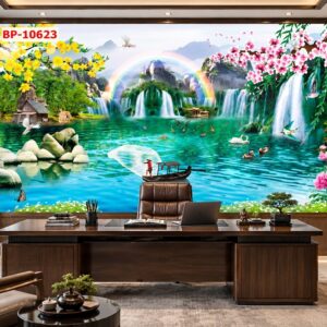 Tranh sơn thủy dán tường phòng làm việc – núi non thác nước hồ xanh bp-10623