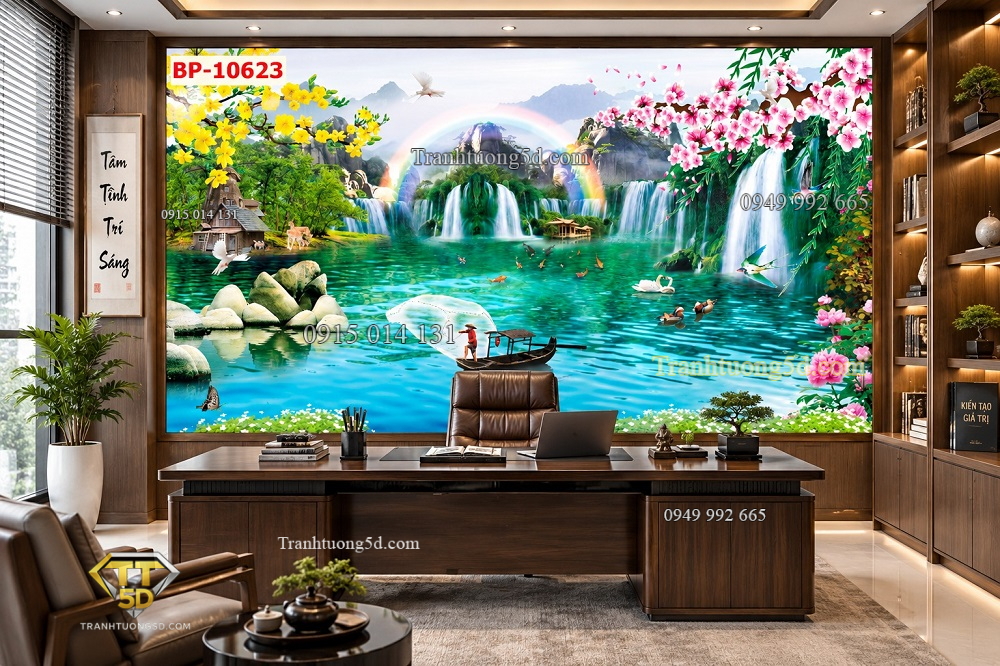 Tranh sơn thủy dán tường phòng làm việc – núi non thác nước hồ xanh bp-10623