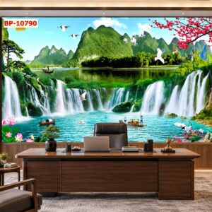 Tranh sơn thủy dán tường phòng làm việc – núi non thác nước hồ xanh bp-10790