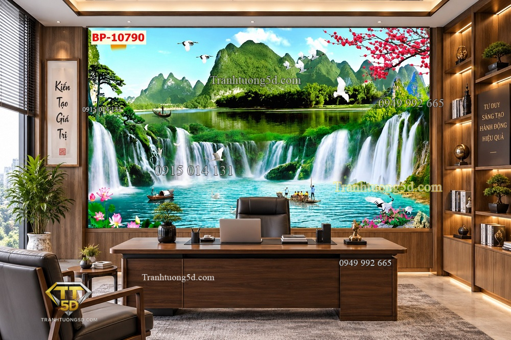 Tranh sơn thủy dán tường phòng làm việc – núi non thác nước hồ xanh bp-10790
