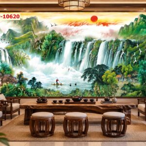 Tranh sơn thủy dán tường phòng trà – núi non thác nước cảnh sắc thiền tịnh bp-10620