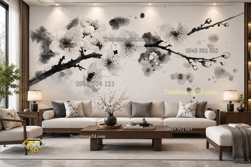 Tranh thủy mặc hoa mai trắng cành mai mực tàu dán tường phòng khách ab983695240