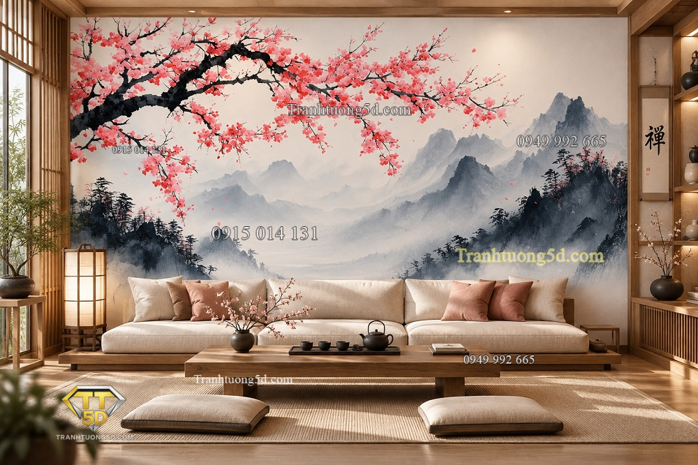 Tranh thủy mặc sơn thủy hoa anh đào núi non mây khói dán tường phòng khách nhật bản ab1092749942