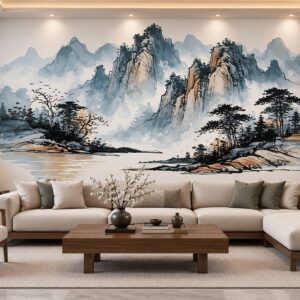 Tranh thủy mặc sơn thủy núi non cây tùng mây khói dán tường phòng khách ab1737506021