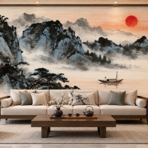 Tranh thủy mặc sơn thủy núi non thuyền độc mộc mặt trời đỏ dán tường phòng khách ab1645937097