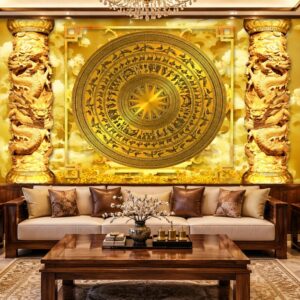 Tranh trống đồng dán tường phòng khách rồng vàng 61368