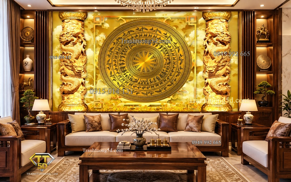 Tranh trống đồng dán tường phòng khách rồng vàng 61368