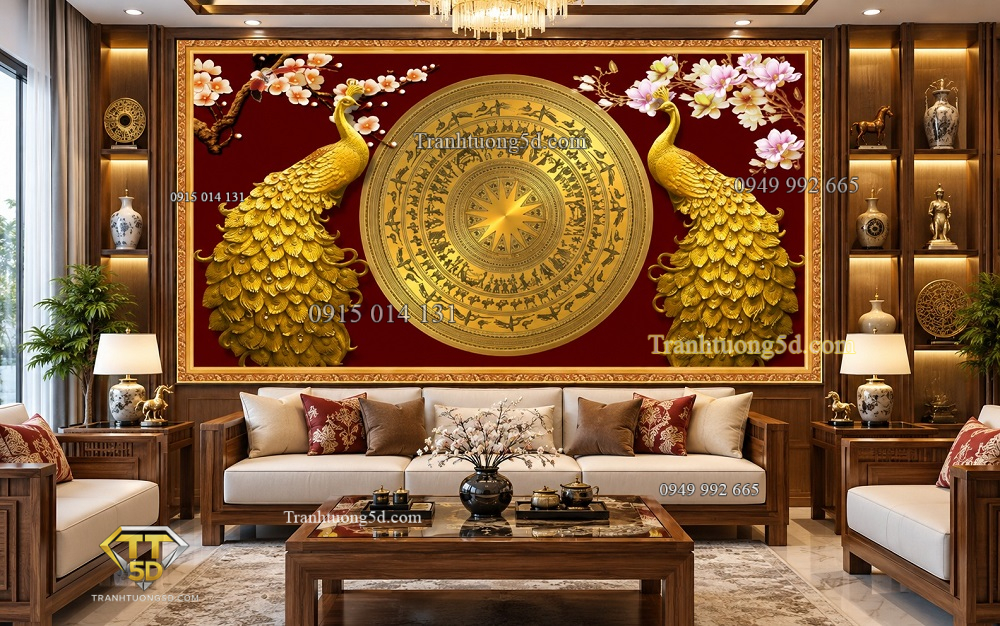 Tranh trống đồng dán tường phòng khách song phụng 61306