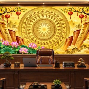 Tranh trống đồng dán tường phòng làm việc hoa sen td18920262