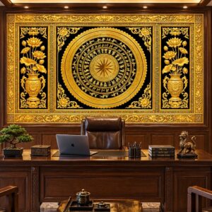 Tranh trống đồng dán tường phòng làm việc hoa sen vàng td18920261